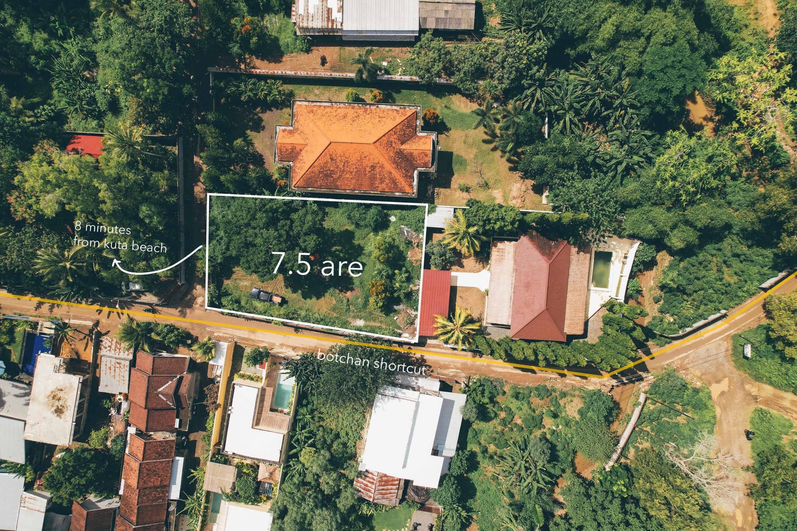 Aerial view of a 7.5 are plot for sale in central Kuta Lombok
