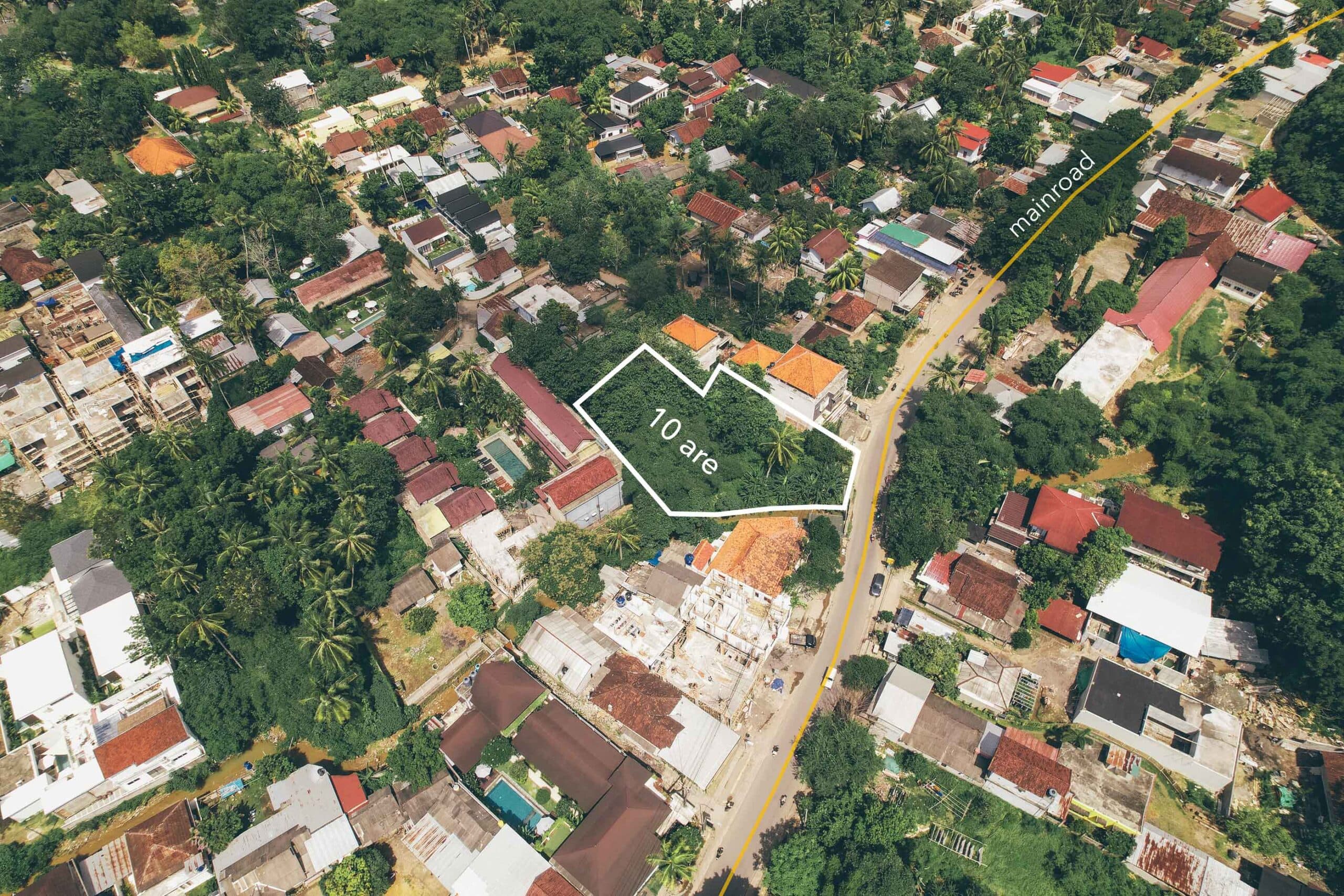 Aerial view of a 10 are plot for sale in central Kuta Lombok
